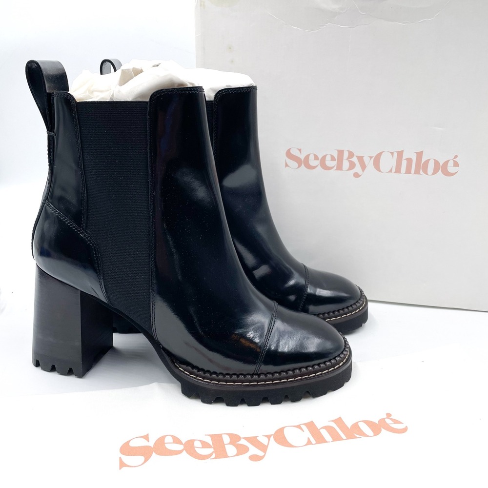 See By Chloe Mallory Chelsea Boots Black Patent Leather Lug Sole Heel Sz 41 / 11